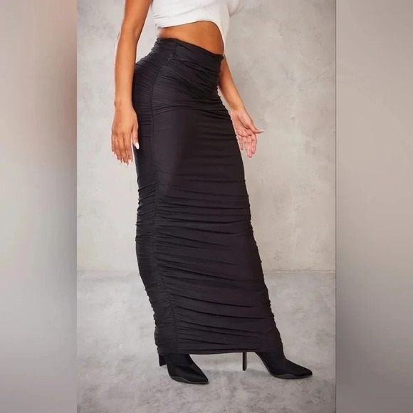 Moving Sale! 💘 PLT Shape Black Slinky Ruched Maxi Bodycon Skirt - Picture 3 of 8